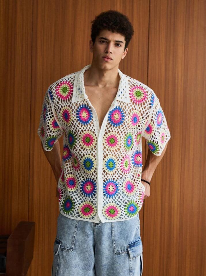 Uptown Funky Men's Floral Pattern Hollow Knit Short Sleeve Single-Breasted Sweat Shirt